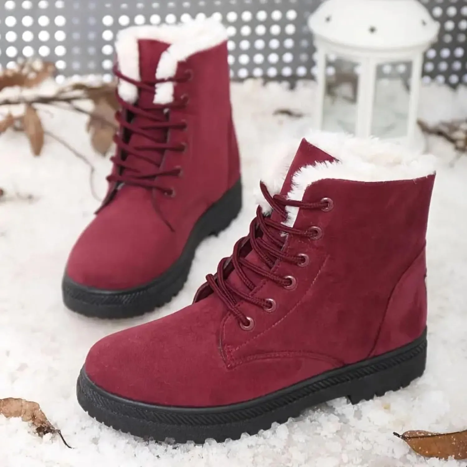 Winter Boots for Women Wide Width,Warm Fur Lined Snow Boots Casual Lace Up Ankle Boots Platform Round ToeFlat Boots