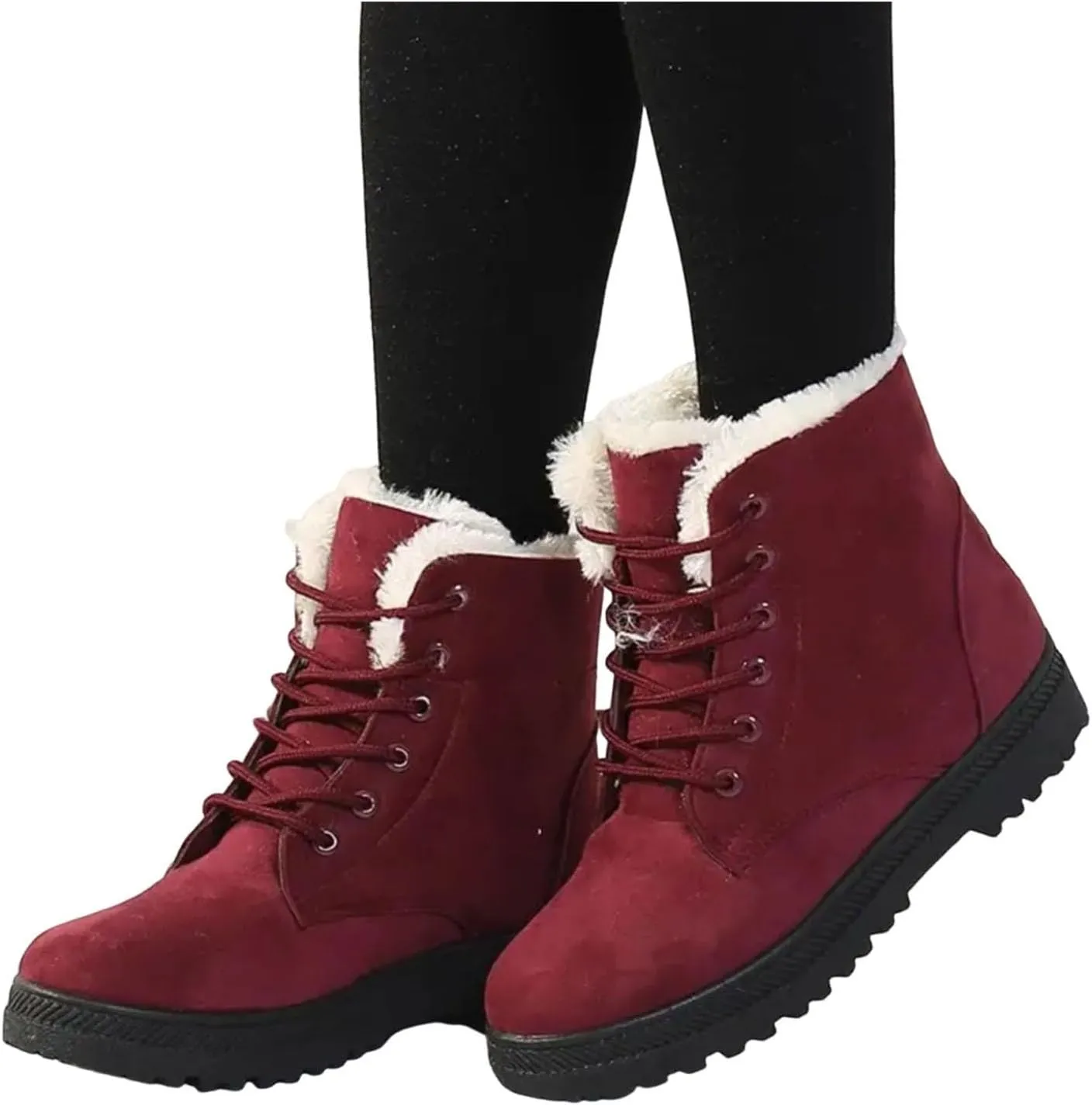Winter Boots for Women Wide Width,Warm Fur Lined Snow Boots Casual Lace Up Ankle Boots Platform Round ToeFlat Boots