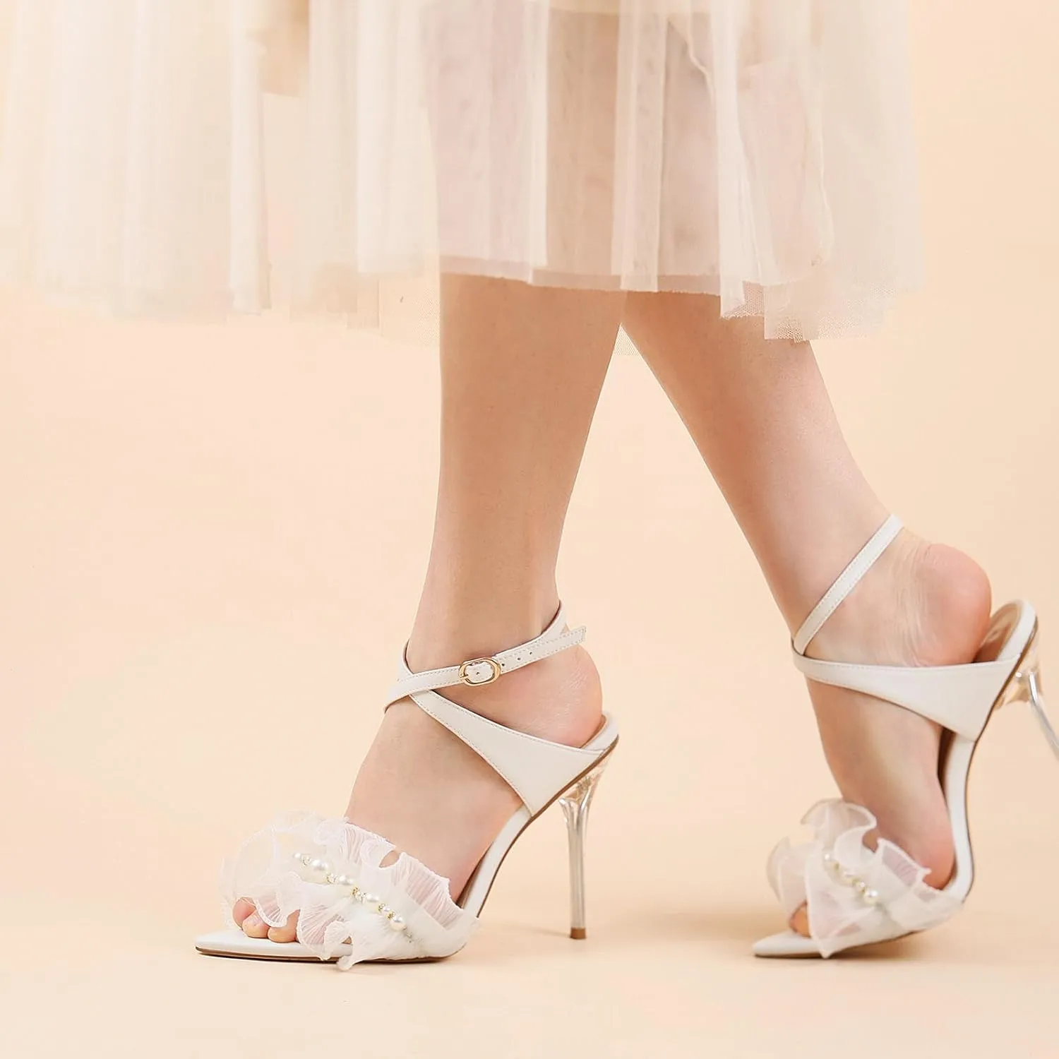 Women Ruffles Pearl Heels Elegant Stiletto Bridal Sandals for Wedding Pointed Toe High Heel Dressy Cross Strap Strappy Party Evening Heels