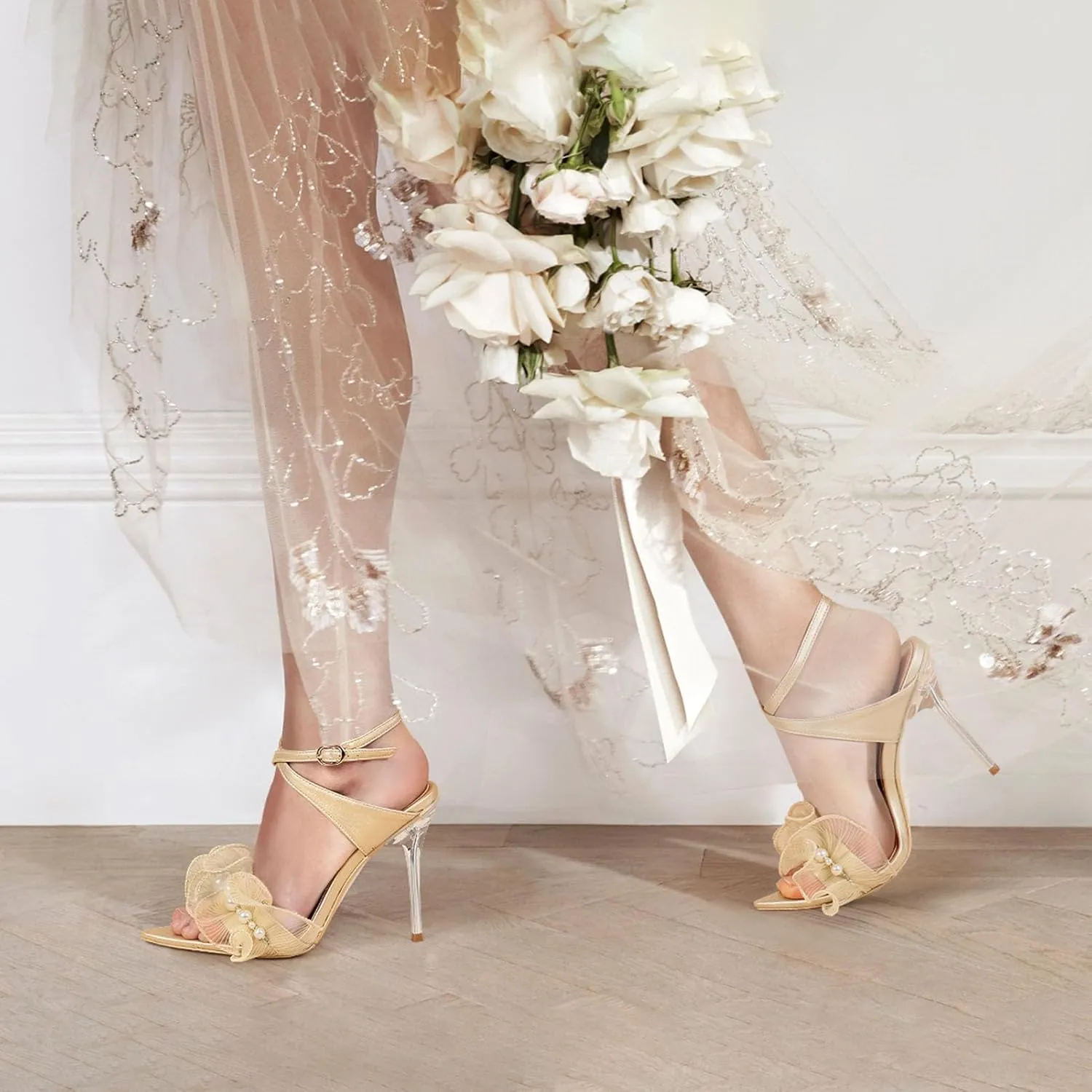 Women Ruffles Pearl Heels Elegant Stiletto Bridal Sandals for Wedding Pointed Toe High Heel Dressy Cross Strap Strappy Party Evening Heels