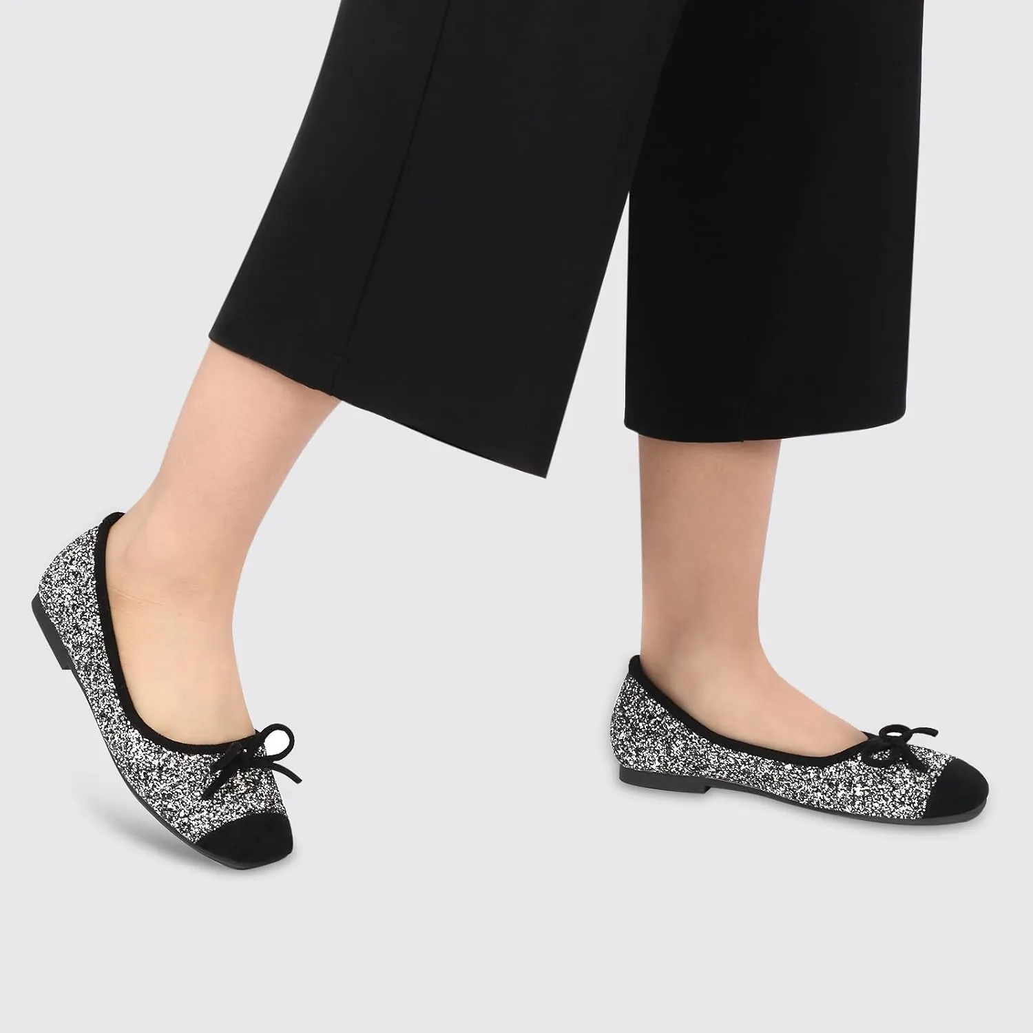 Women's Ballet Flats Cap Toe Bow Flats Two Tone Slip On Flats Comfort Square Toe Dressy Flat Shoes for Casual Work