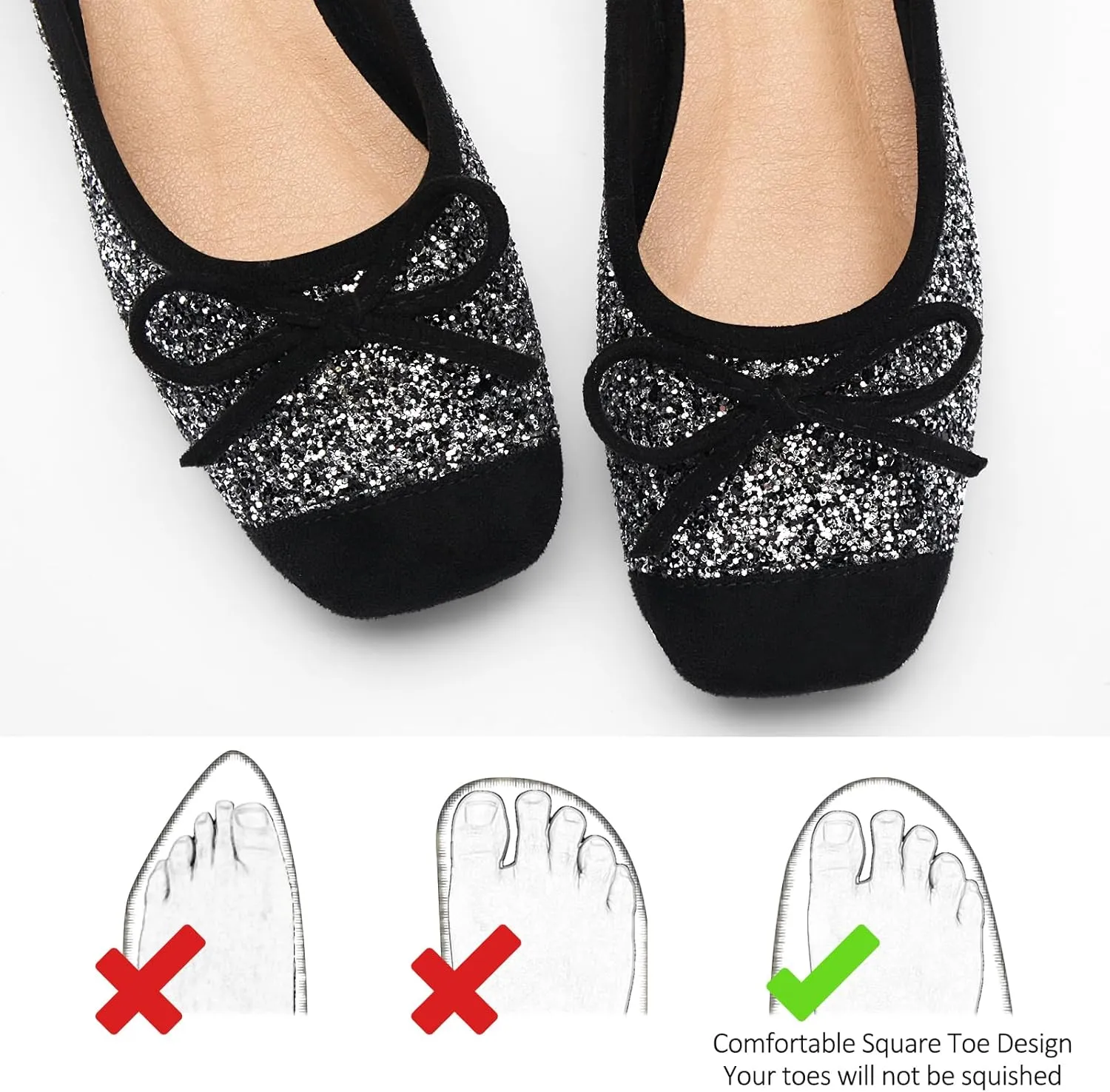 Women's Ballet Flats Cap Toe Bow Flats Two Tone Slip On Flats Comfort Square Toe Dressy Flat Shoes for Casual Work