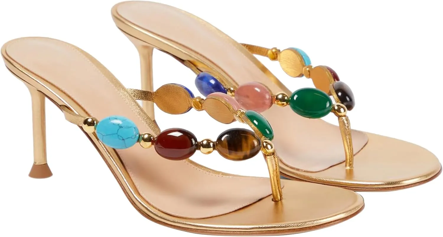 Women's Jewelled Thong Strappy Sandal Summer Mules Mid Kitten Heels Flip Flop Open Toe Fashion Wedding Party Dress Thong Shoes