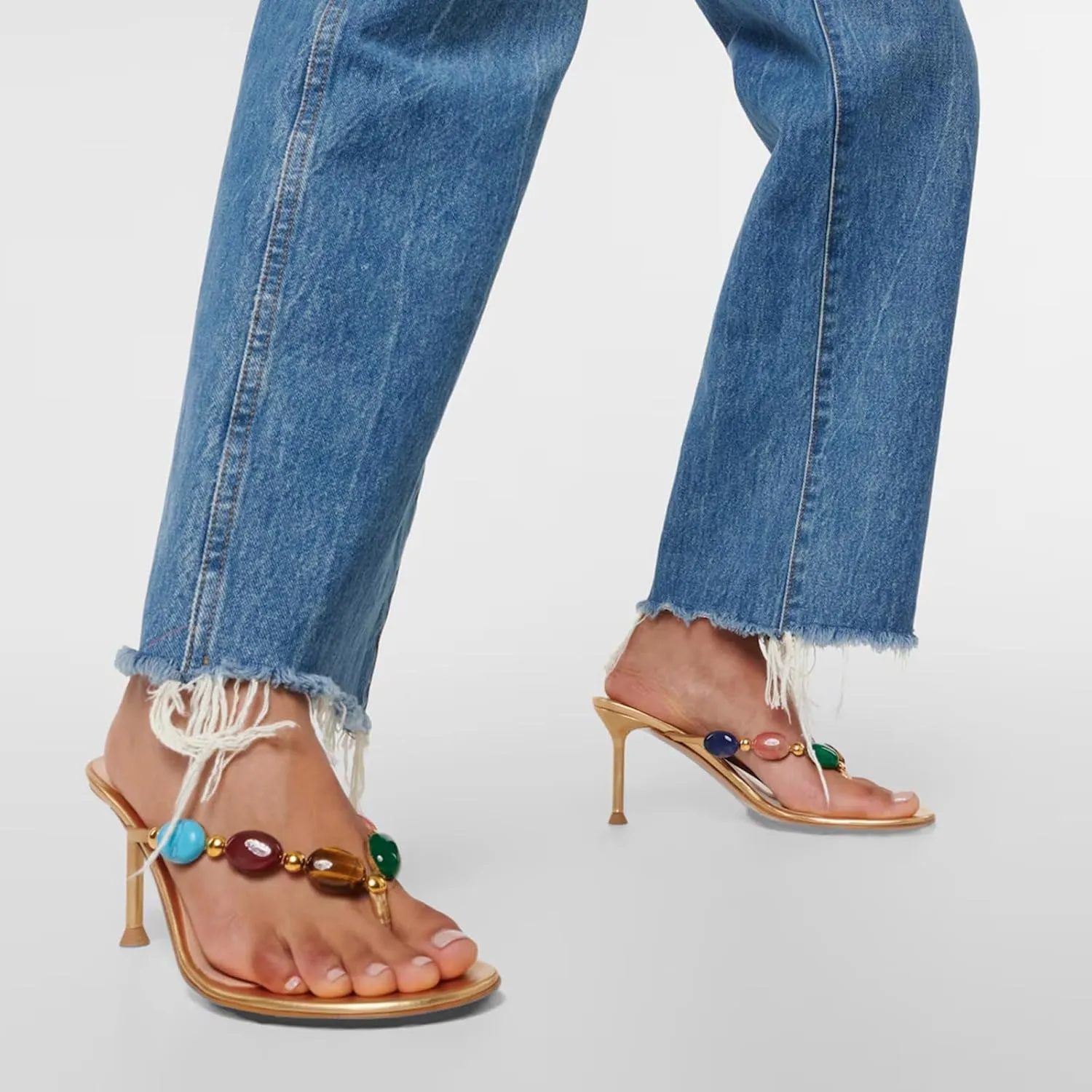 Women's Jewelled Thong Strappy Sandal Summer Mules Mid Kitten Heels Flip Flop Open Toe Fashion Wedding Party Dress Thong Shoes