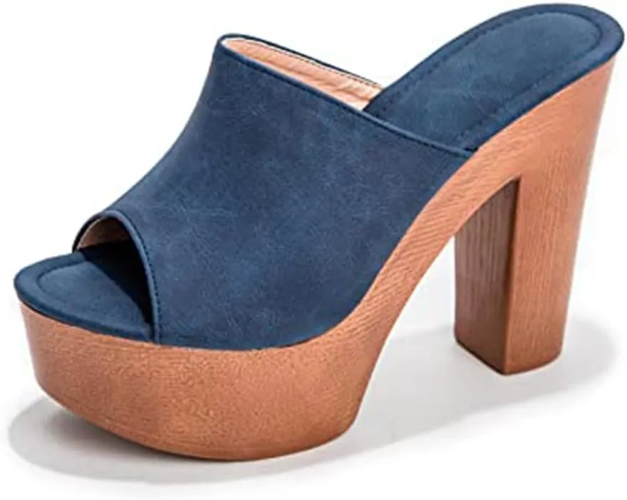Women's Peep Toe Platform Chunky High Heel Mule Sandals Slip On Wedge Slides Sandals Comfortable Dress Sandals