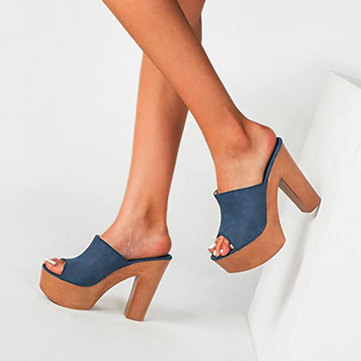 Women's Peep Toe Platform Chunky High Heel Mule Sandals Slip On Wedge Slides Sandals Comfortable Dress Sandals