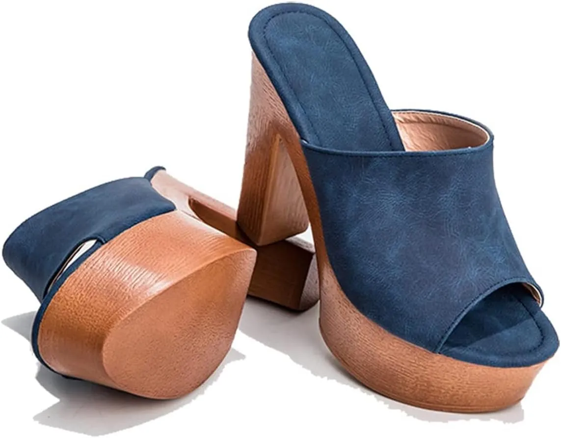 Women's Peep Toe Platform Chunky High Heel Mule Sandals Slip On Wedge Slides Sandals Comfortable Dress Sandals