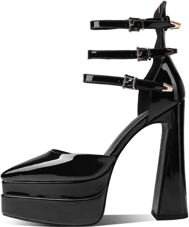 Womens Platform Heels Chunky High Block Heels Pointed Toe Pumps