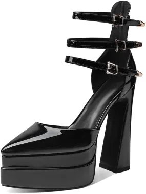 Womens Platform Heels Chunky High Block Heels Pointed Toe Pumps