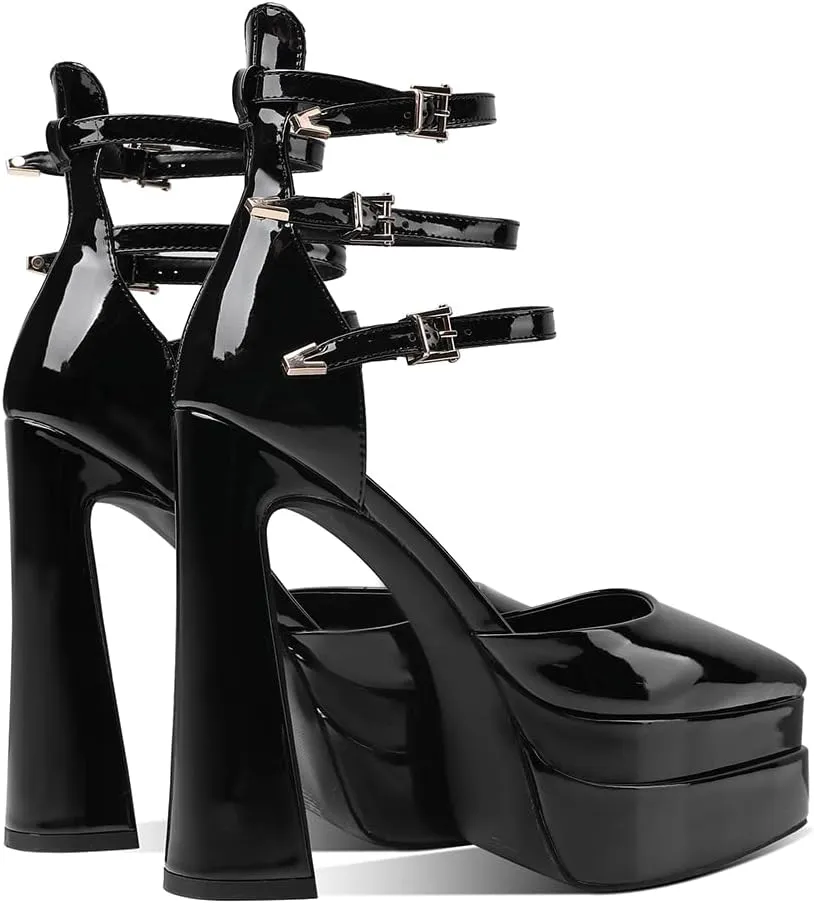 Womens Platform Heels Chunky High Block Heels Pointed Toe Pumps