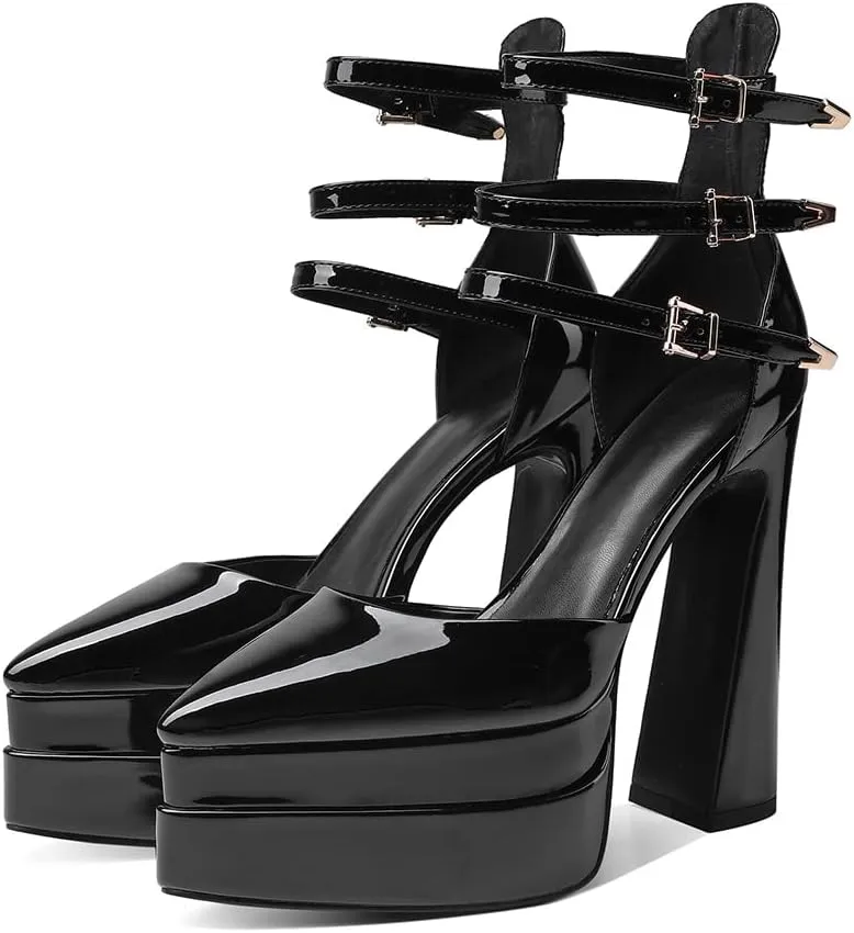 Womens Platform Heels Chunky High Block Heels Pointed Toe Pumps