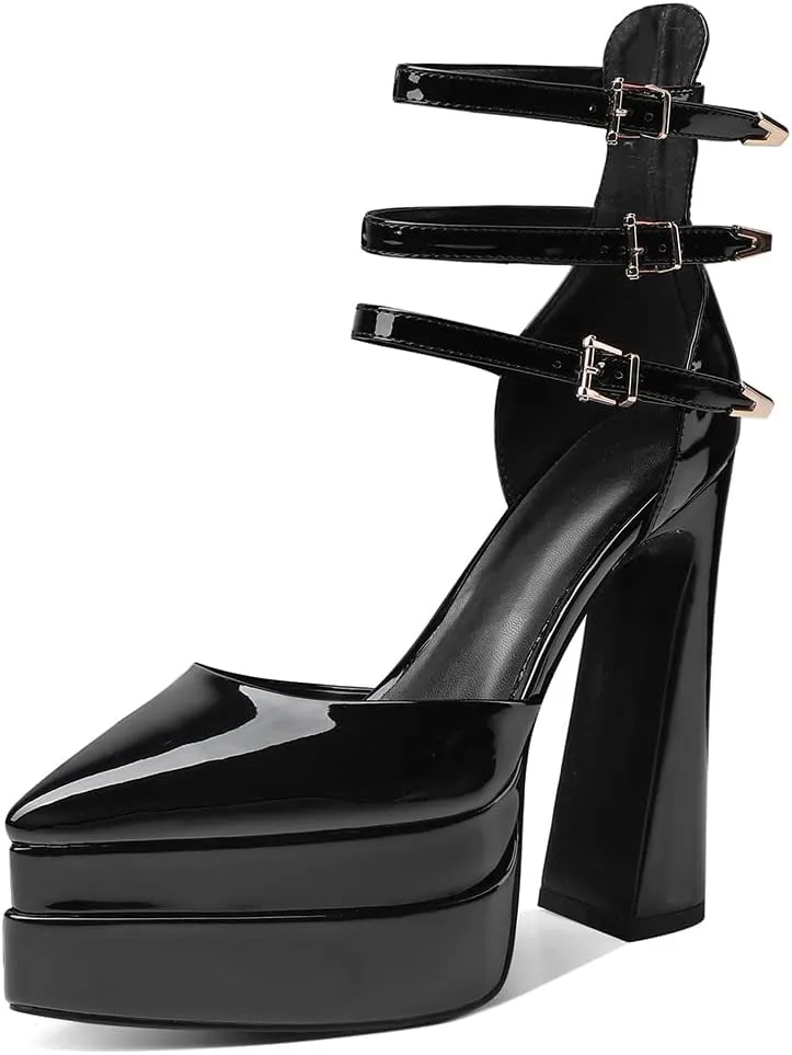 Womens Platform Heels Chunky High Block Heels Pointed Toe Pumps