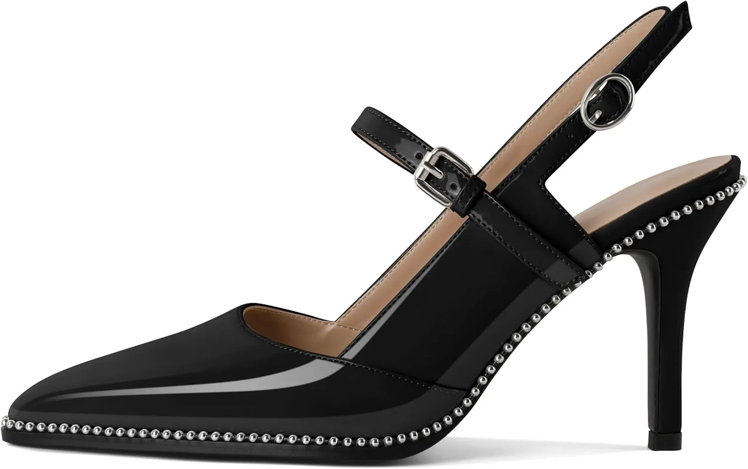 Women's Pointed Toe Mary Jane Pumps High Heels with Slingback Ankle Strap Beaded Heels 3.5 Inch Pumps Shoes