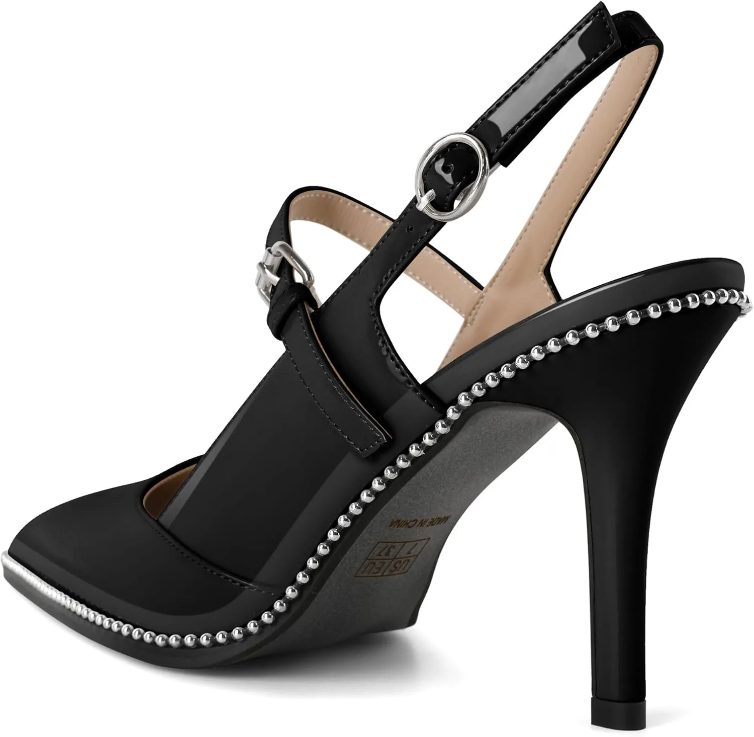 Women's Pointed Toe Mary Jane Pumps High Heels with Slingback Ankle Strap Beaded Heels 3.5 Inch Pumps Shoes