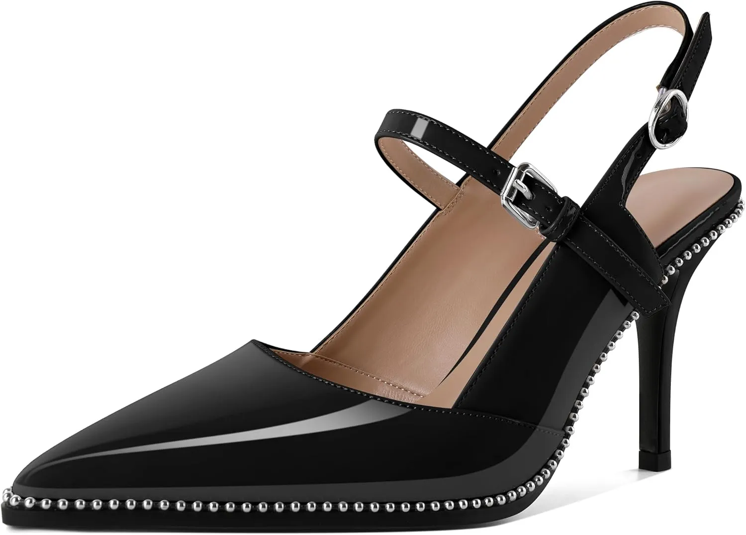 Women's Pointed Toe Mary Jane Pumps High Heels with Slingback Ankle Strap Beaded Heels 3.5 Inch Pumps Shoes