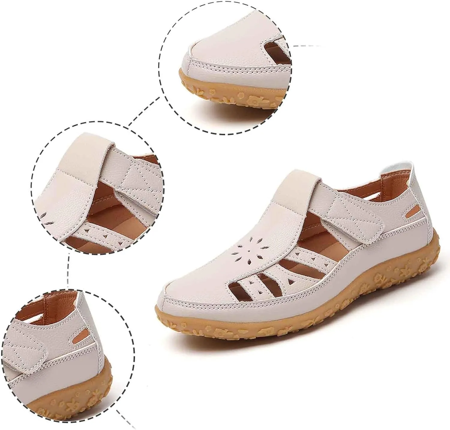 Women's Summer Sandals Breathable Perforated Casual Shoes Comfortable Flat Footbed Fashionable Closed Toe Beach Walking