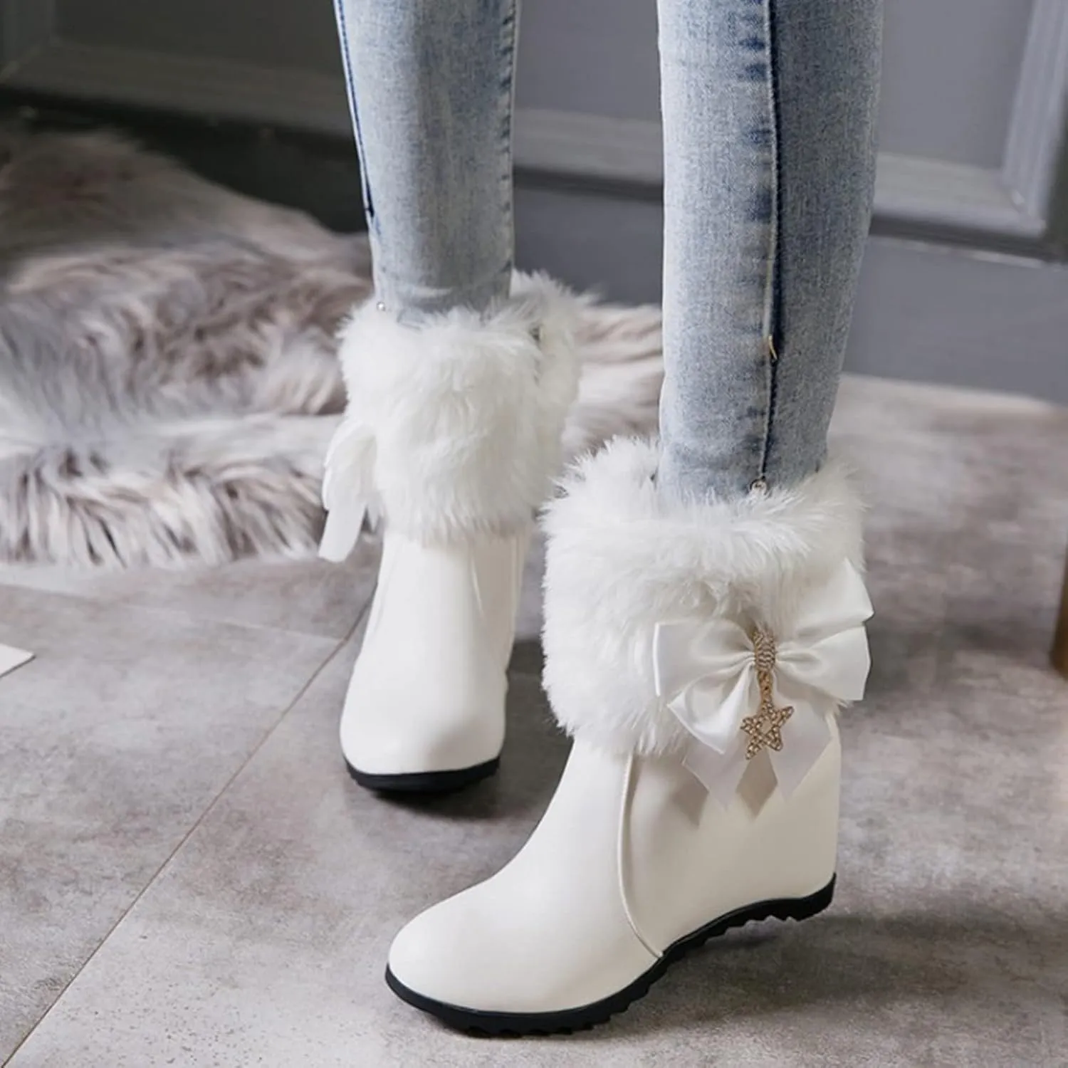 Women's Wedge Ankle Booties Side Zipper Outdoor Faux Fur Lined Warm Winter Boots Height Increase Knight Boots Shoes
