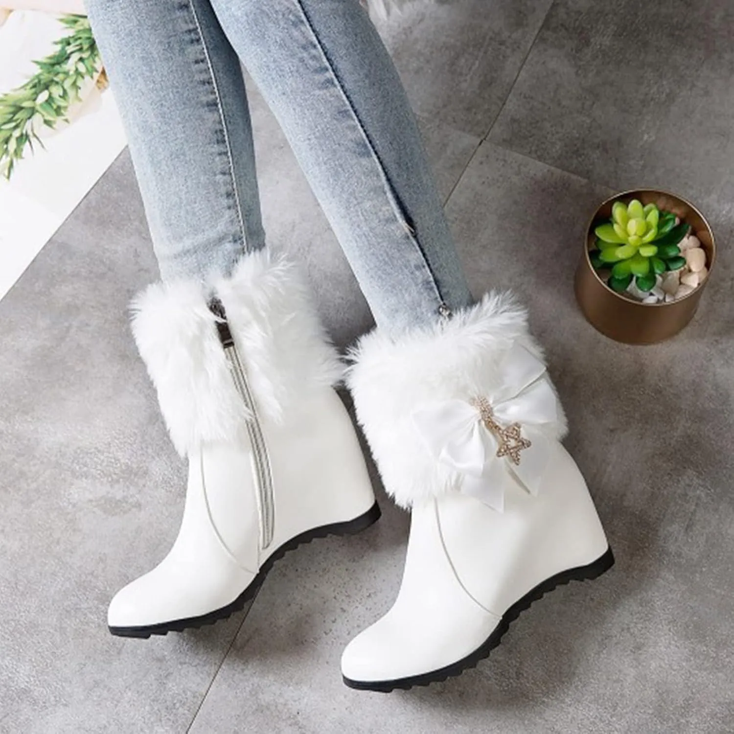 Women's Wedge Ankle Booties Side Zipper Outdoor Faux Fur Lined Warm Winter Boots Height Increase Knight Boots Shoes