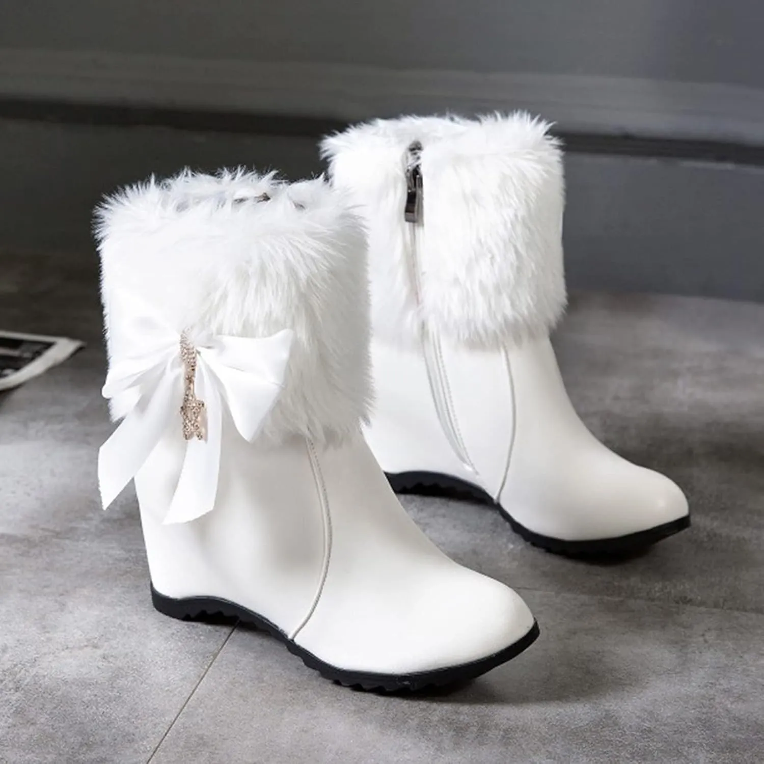 Women's Wedge Ankle Booties Side Zipper Outdoor Faux Fur Lined Warm Winter Boots Height Increase Knight Boots Shoes