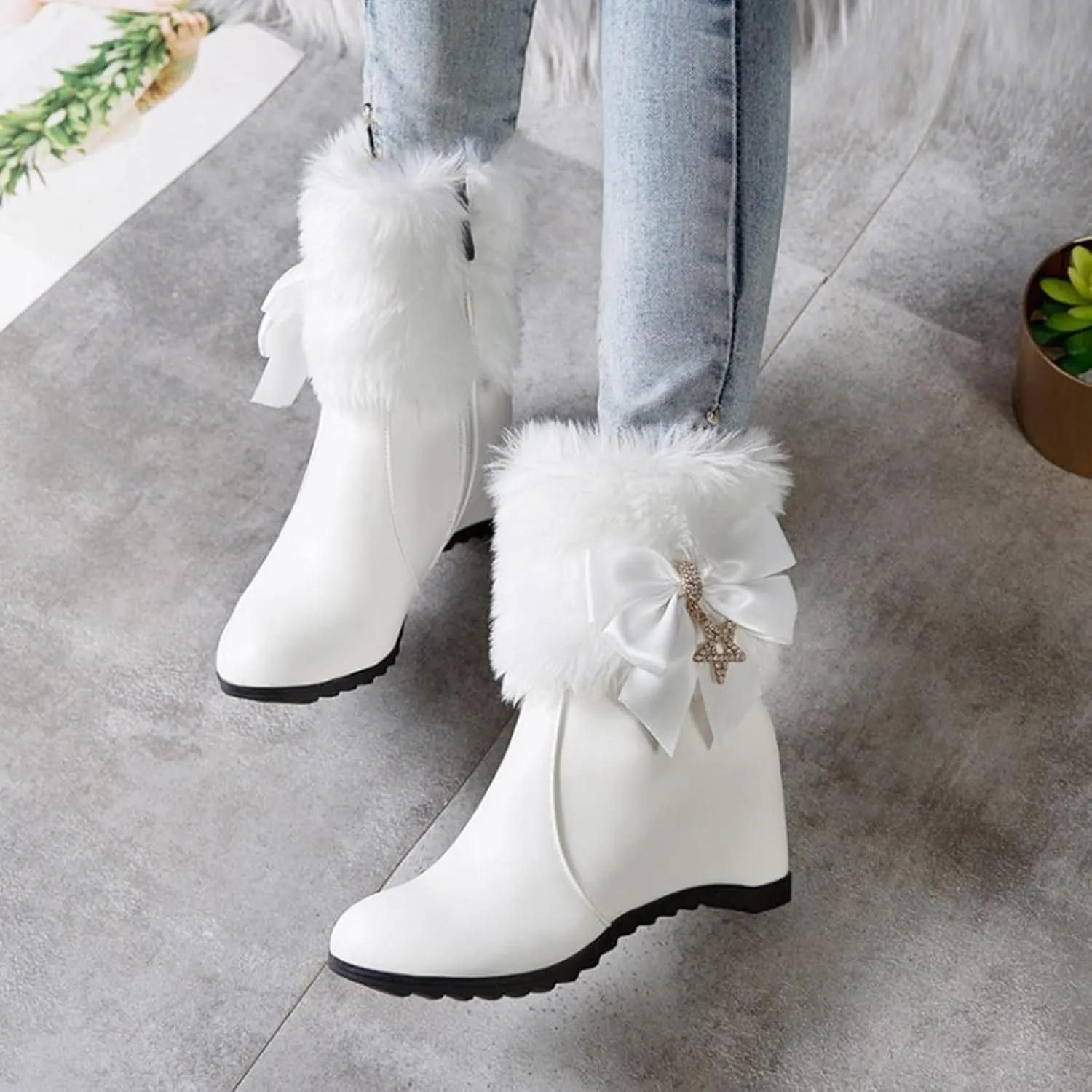 Women's Wedge Ankle Booties Side Zipper Outdoor Faux Fur Lined Warm Winter Boots Height Increase Knight Boots Shoes